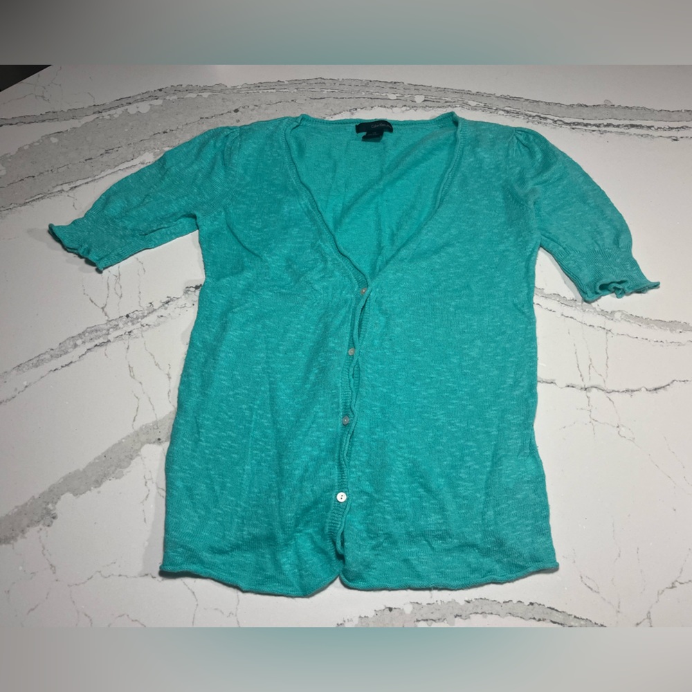 Calvin Klein Jeans short sleeve Vneck cardigan sweater, teal-blue, women’s Large